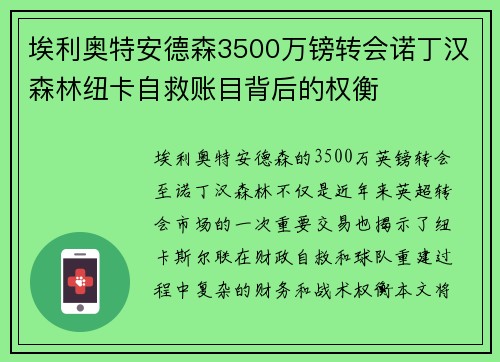 埃利奥特安德森3500万镑转会诺丁汉森林纽卡自救账目背后的权衡 埃利奥特安德森3500万镑转会诺丁汉森林纽卡自救账目背后的权衡